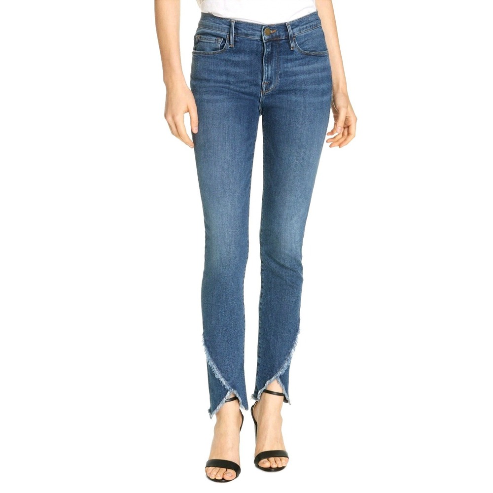 FRAME Le Skinny‎ de Jeanne Cristallo Frayed Split Tulip Hem Jeans Blue Size 26